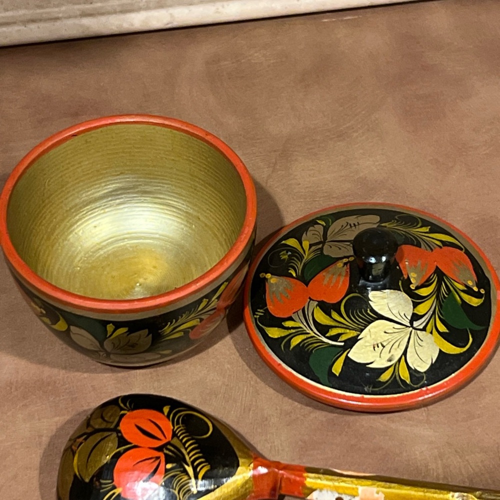 Vintage Wooden , Hand-Painted Folk art Bowl and Spoon Set, made in USSR, Used - Picture 2 of 4